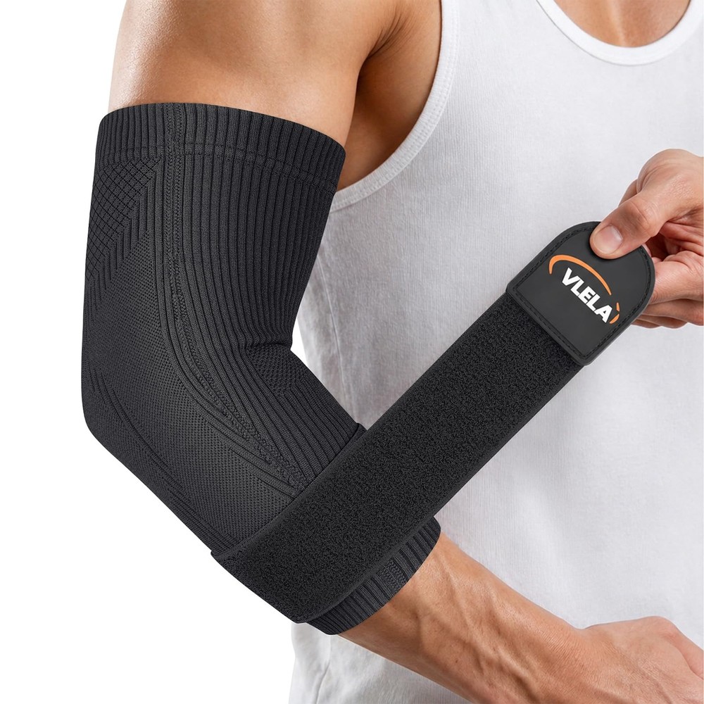 Vlela Elbow Compression Sleeve with Adjustable Strap – Tennis Medium, Black