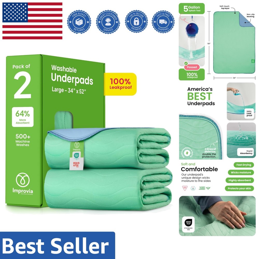 34″ x 52″ Reusable Underpads – Max Absorbency & Safe for Sensitive Skin – 2 Pack