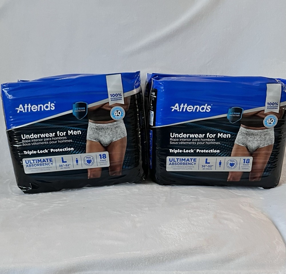 Attends Adult Incontinence Underwear Men L36”–52”Ultimate Absorbency 36 Ct Lot 2