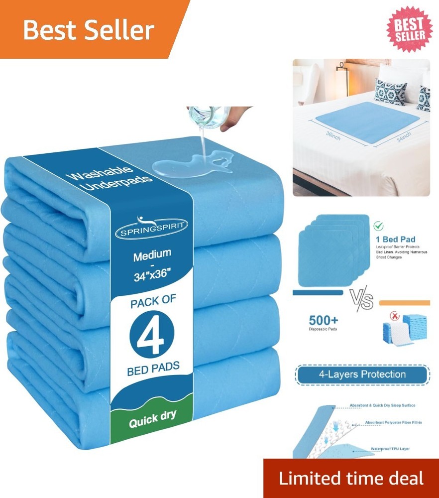 Washable Underpads 34″ X 36″ Pack of 4 Waterproof Reusable Heavy Absorb Bed Pads