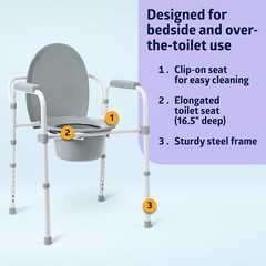Medline 3-in-1 Elongated Bedside Commode Portable Toilet 350 lb Steel
