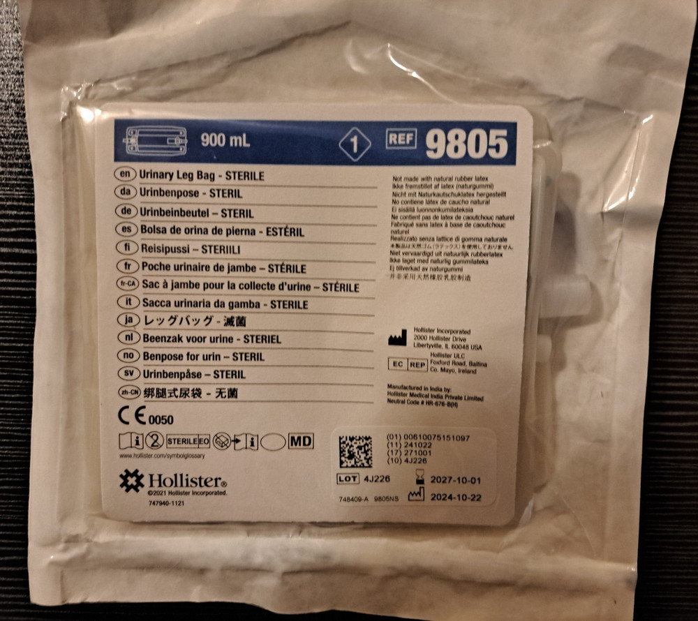 Hollister Urinary Leg Bag Sterile 900 mL Model 9805 Exp 2027-10-01