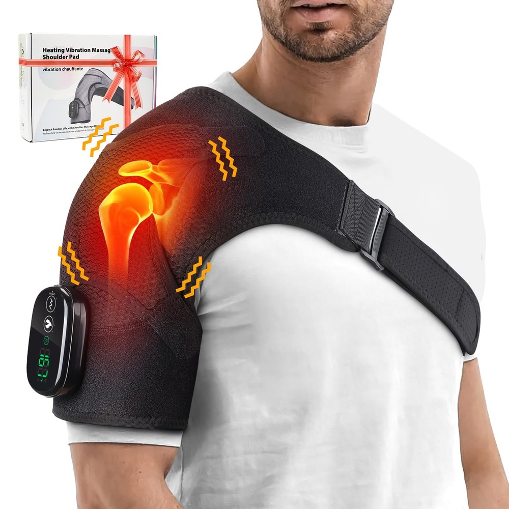 Cordless Portable Shoulder Heating Pad Massager Vibration Support Black Wrap