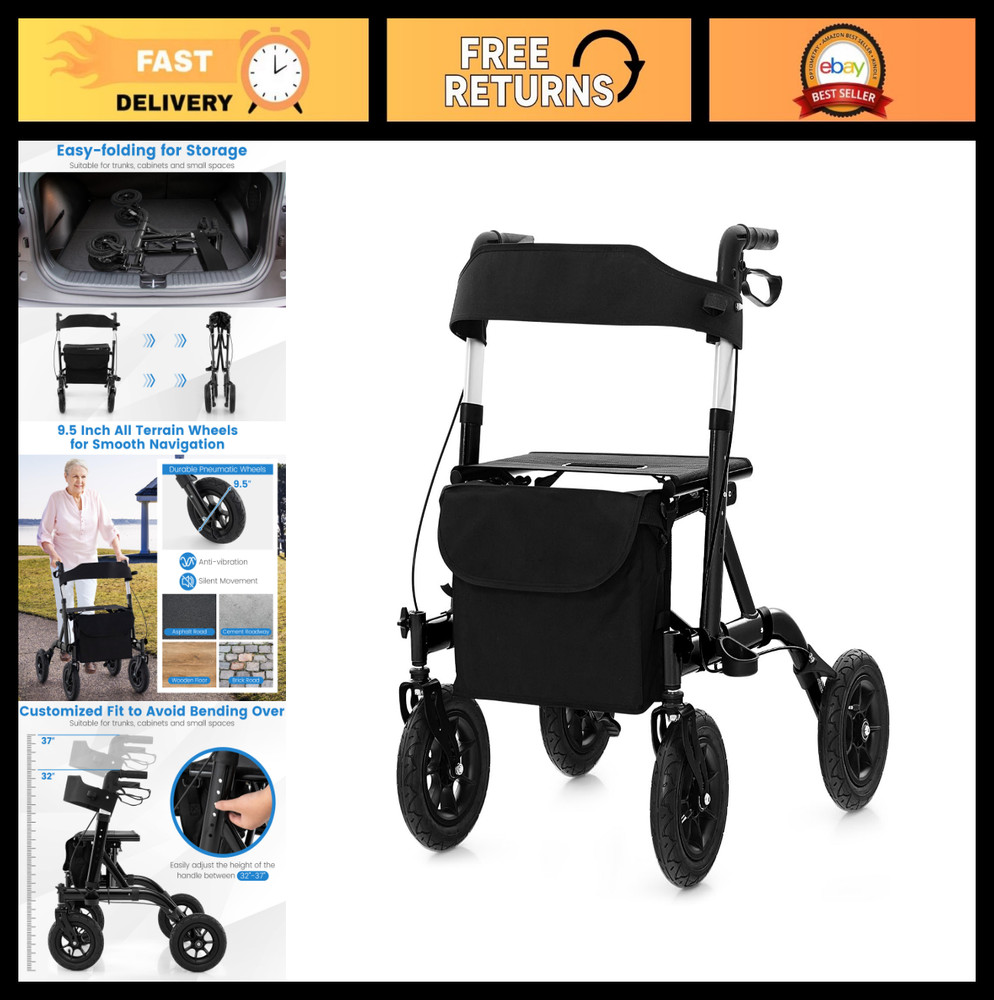 All-Terrain Rollator Walker with Pneumatic Tires, Foldable, Adjustable Height, S