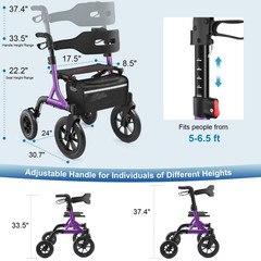 MAXWALK Rollator Walker with Seat Tall Walkers for Seniors 12″ Big Rubber Wheels