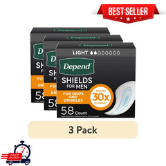 (3 Pack) Depend Shields Incontinence Pads for Men, Light Absorbency, 58 Count