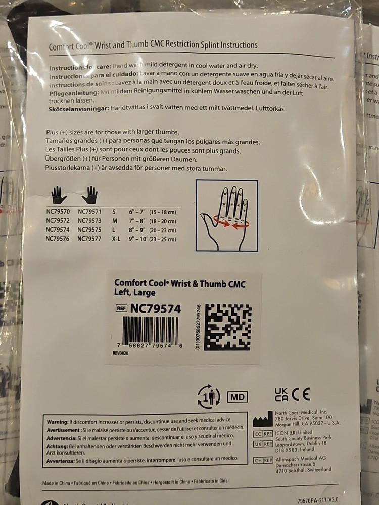NEW Comfort Cool Thumb and Wrist CMC Restriction Splint BLACK LEFT LARGE NC79574