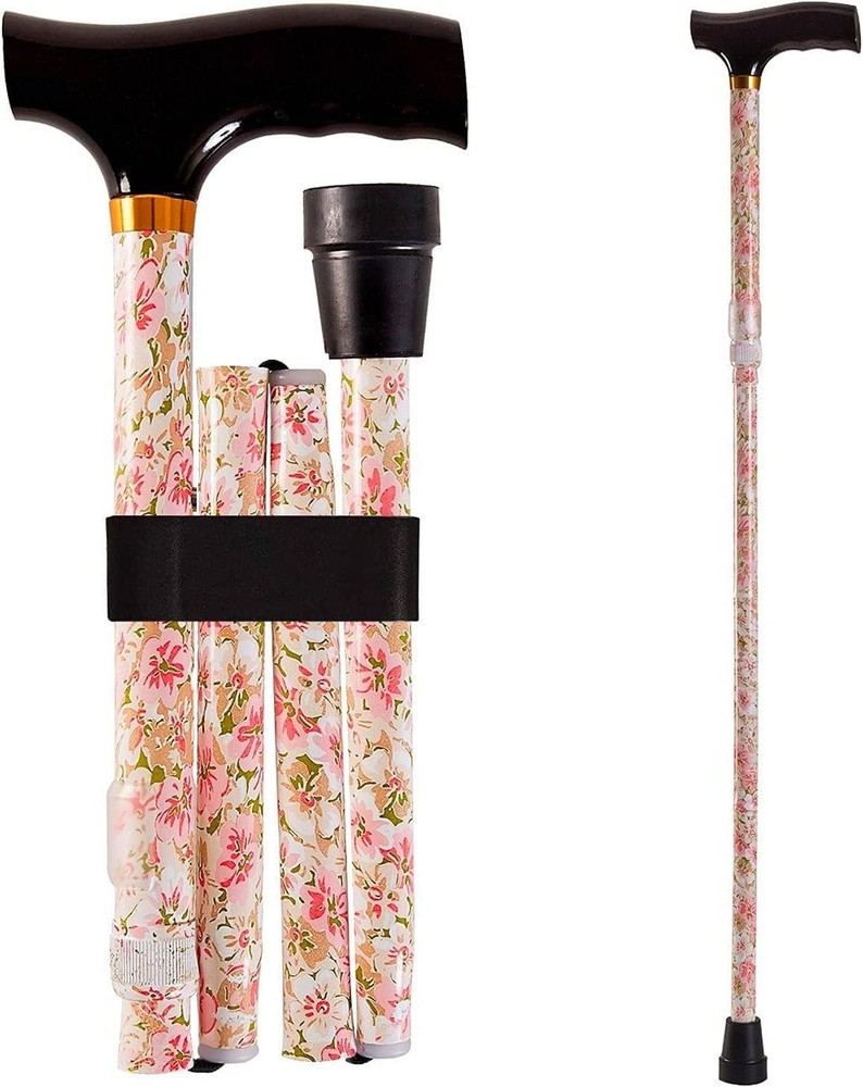 Foldable Cane Walking Stick Floral Aluminum Black Derby Handle Slip Resistant
