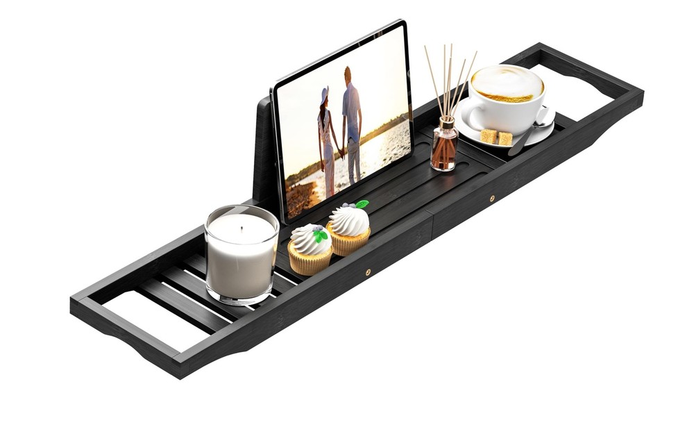 Bathtub Tray Caddy Black – Bath Tray Black – Bath Tub Table Tray Caddy – Bamb…