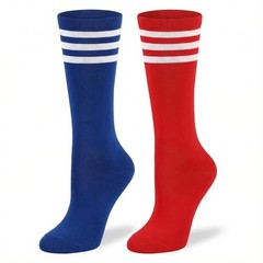 Christmas Classic Athletic Knee High Socks, 2 Pairs Triple Stripes Blue and Red