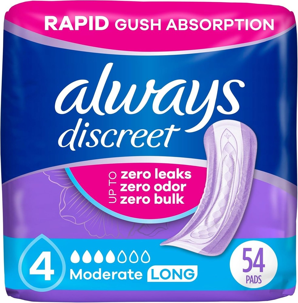 Always Discreet Incontinence Pads Moderate Absorbency Long Length 54 Count