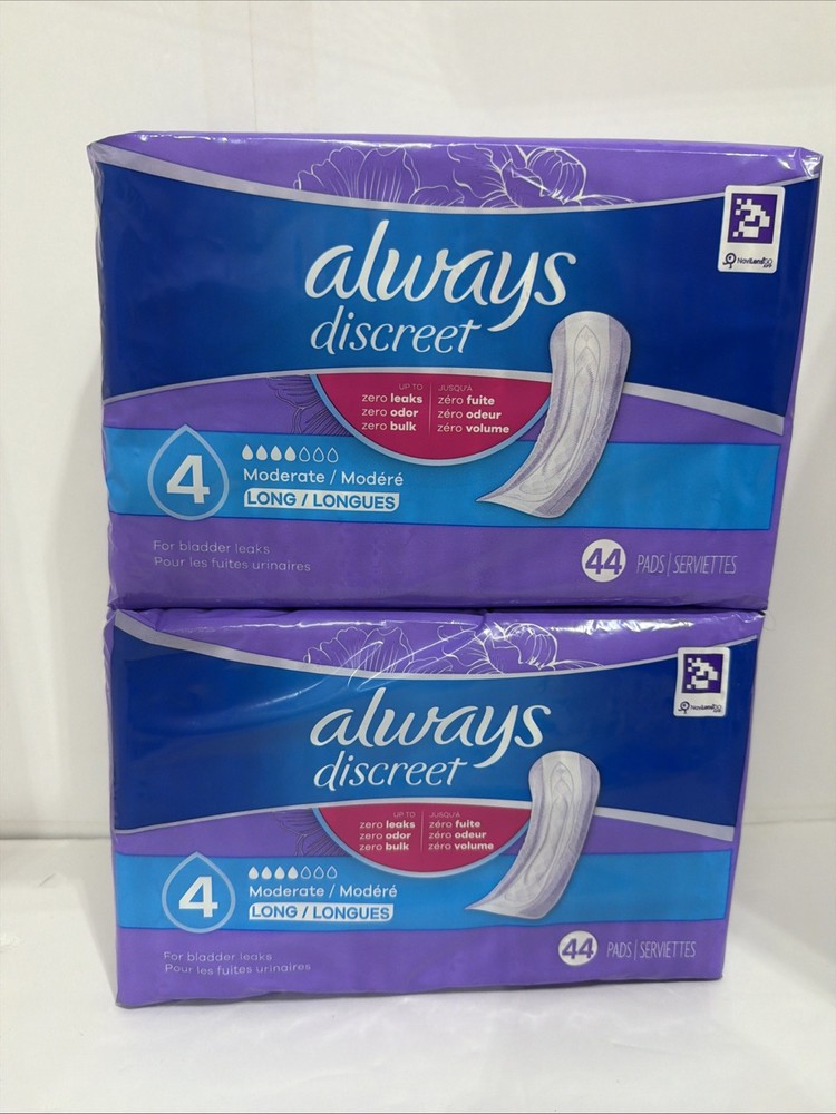 (2) Always Discreet Incontinence Pads for Women Moderate Long 88 Count, 4 Drops