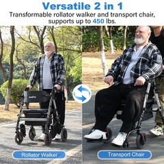 Walkers for Seniors 2 in 1 Wheelchair Combo, 450 lb Foldable Rollator Transpo…