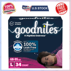 Girls‘ Nighttime Bedwetting Underwear, Size Large 68-95 lbs, 2 Packs of 17