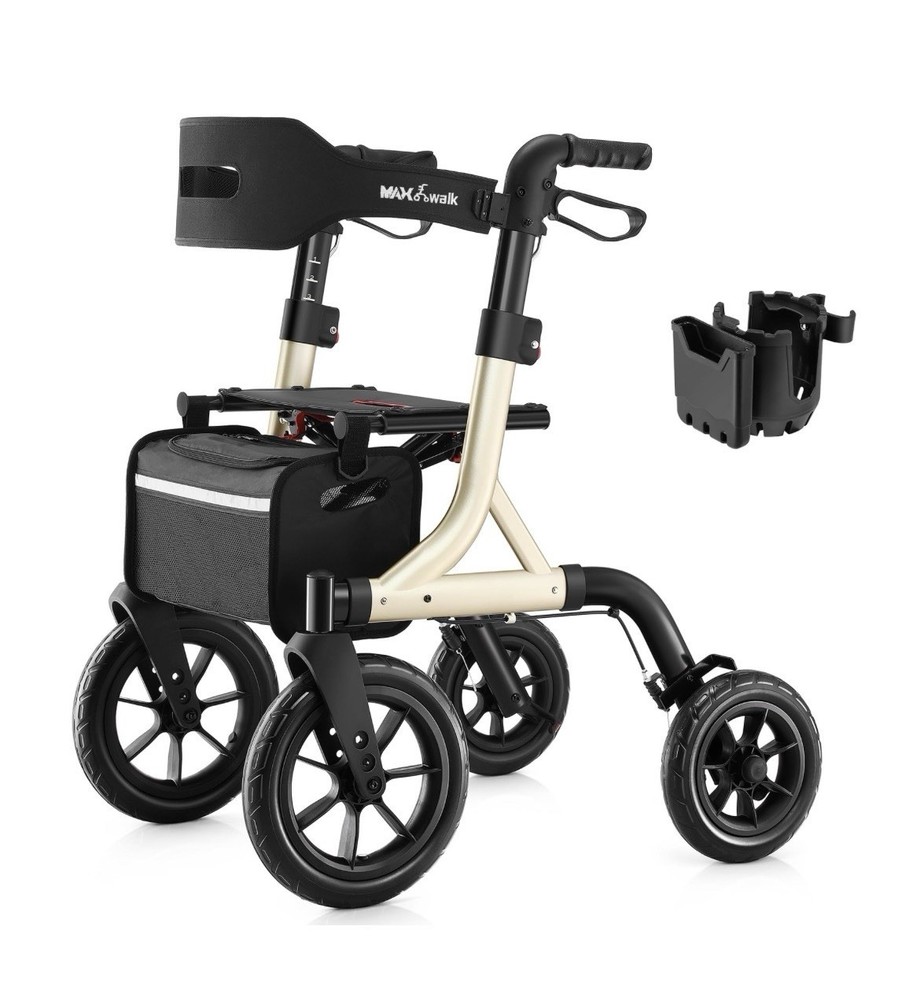 MAXWALK Rollator Walker with Seat Tall for Seniors 12″ Big Rubber Wheels | GOLD