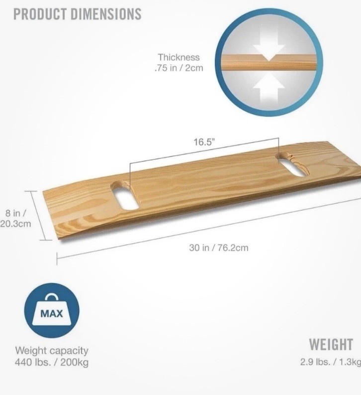 DMI Transfer Board Slide 440 lbs 30”x8”Senior 2-Handle Heavy Duty Wood, Patient