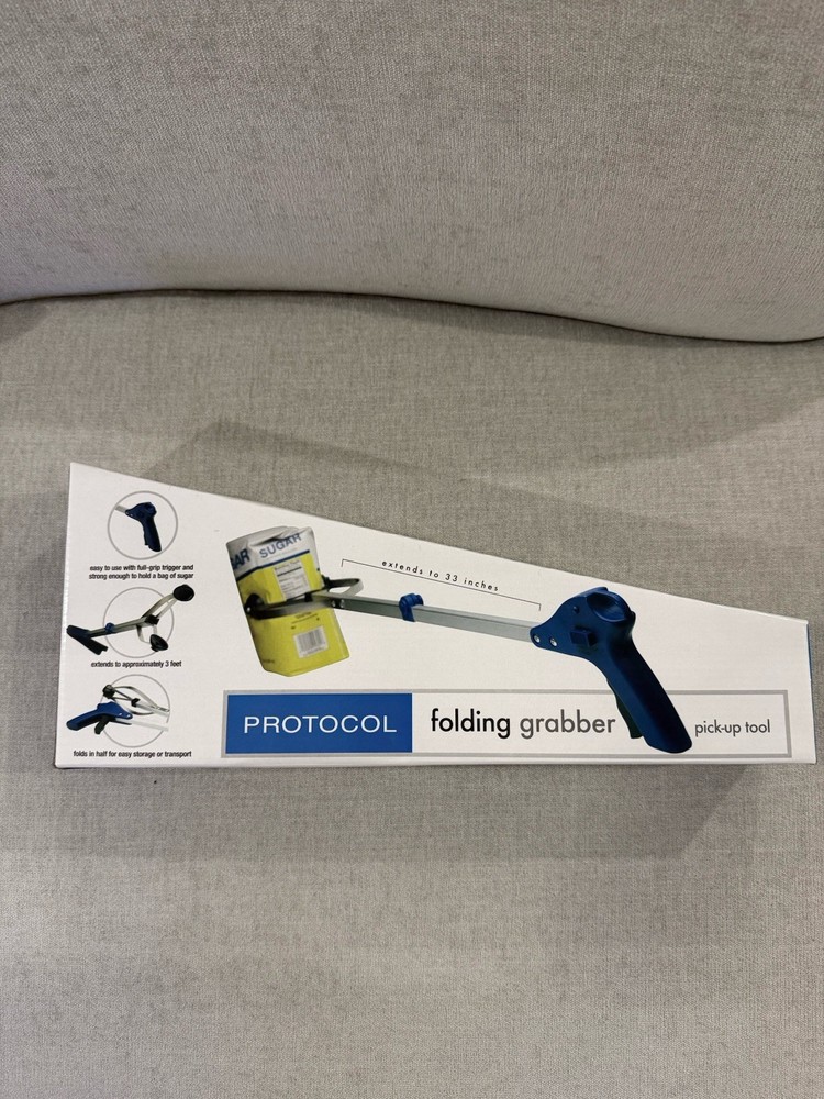 Protocol Foldable Extendable Reacher Grabber 33in Blue Silver Ergonomic Handle