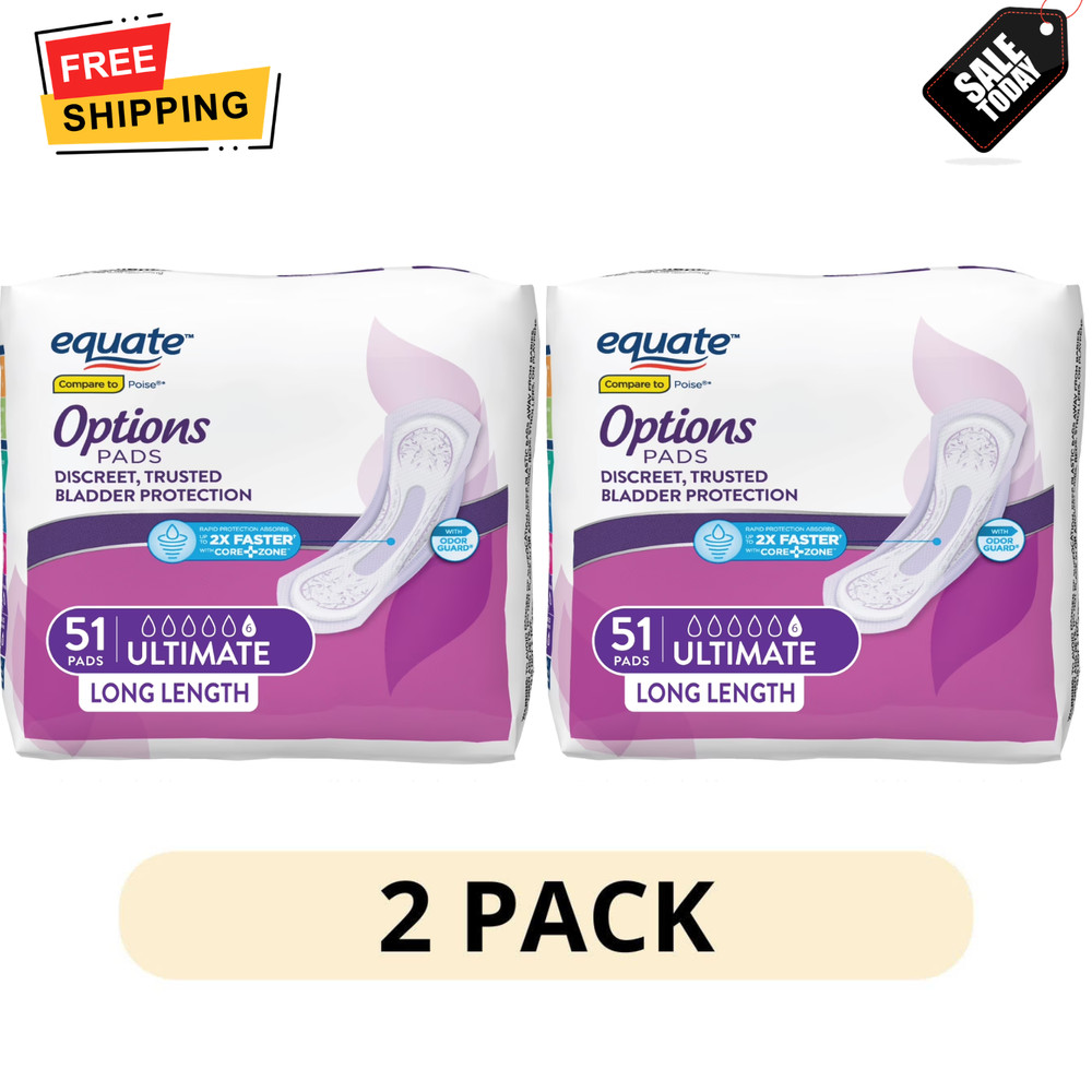 2 Pack Equate Womens Incontinence Pads Ultimate Absorbency Long Length 51Ct