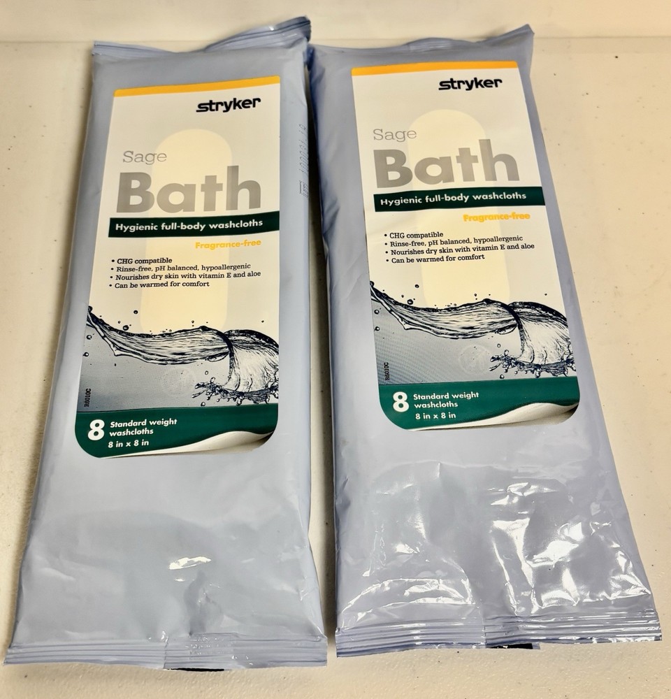 Stryker Sage 7991 Bath Hygienic Full-Body Washcloths Fragrnce Free 2 Pks of 8