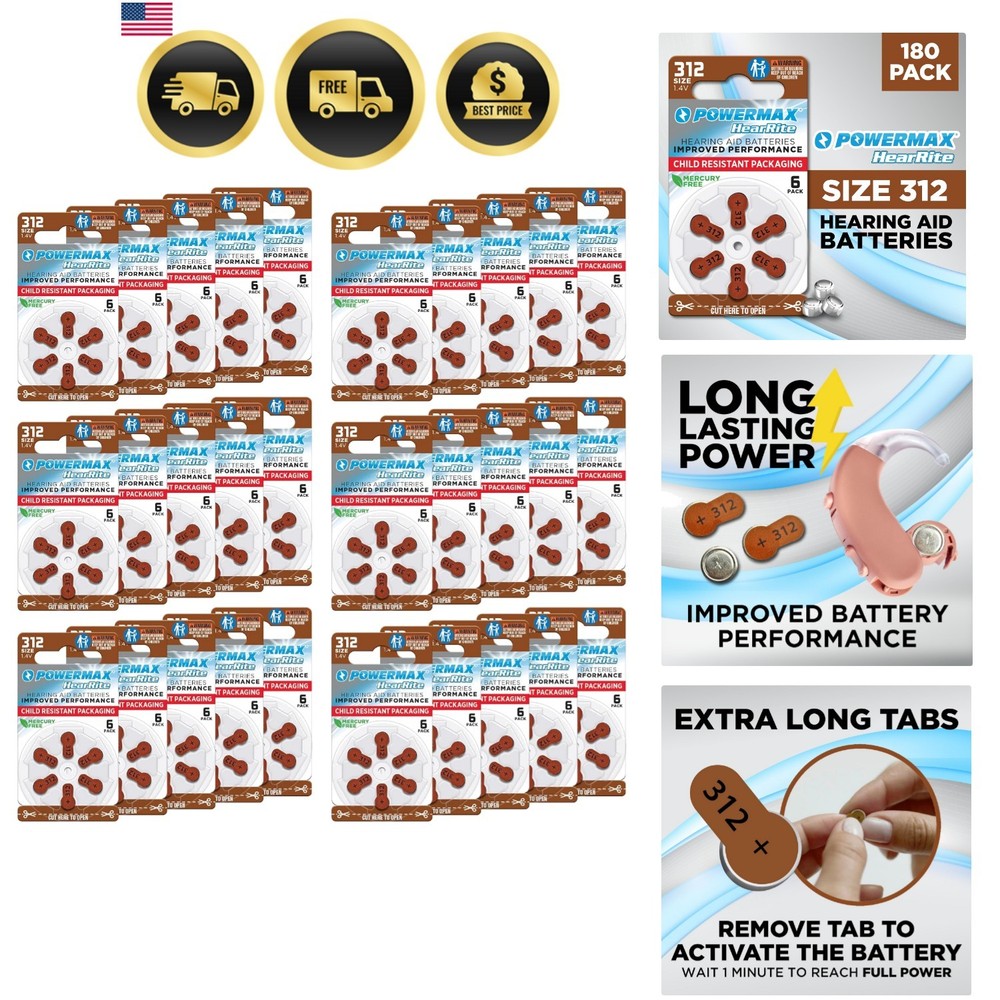 Size 312 Hearing Aid Batteries, 180 Count Long-Lasting Battery Pack, Brown Lo…