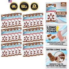 Size 312 Hearing Aid Batteries, 180 Count Long-Lasting Battery Pack, Brown Lo…