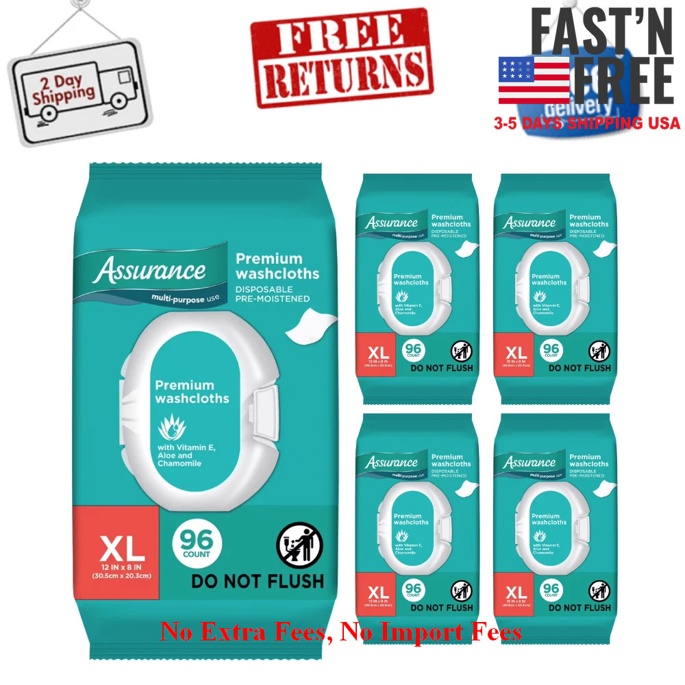 5 Pack Assurance Premium Disposable Washcloths, XL Adult Wipes, 96 Ct, Cleansing