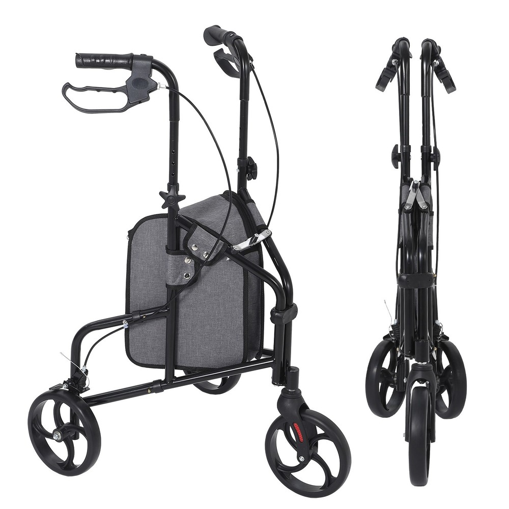 Lightweight 3 Wheel Upright Rollator Walker 8in Wheels Folding Mobility Aid