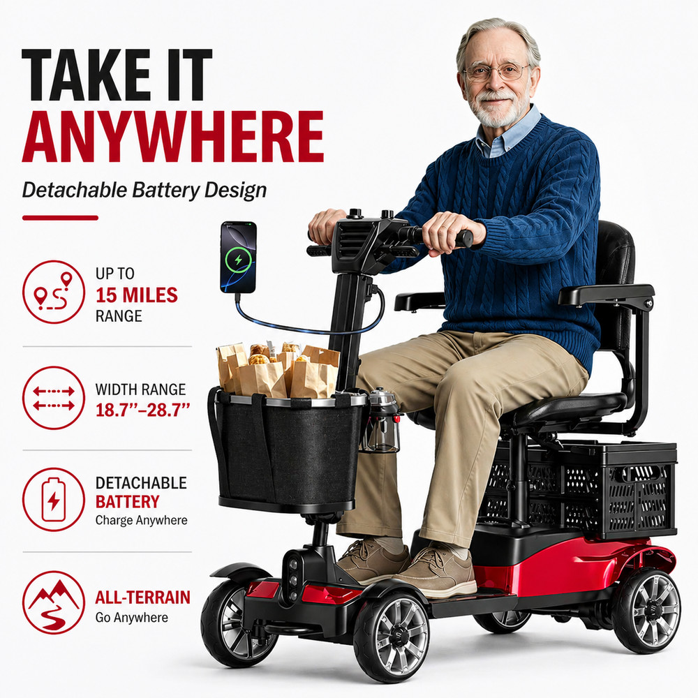 4 Wheel Mobility Scooter for Adults 350W Electric Travel Scooter 350 lbs Red