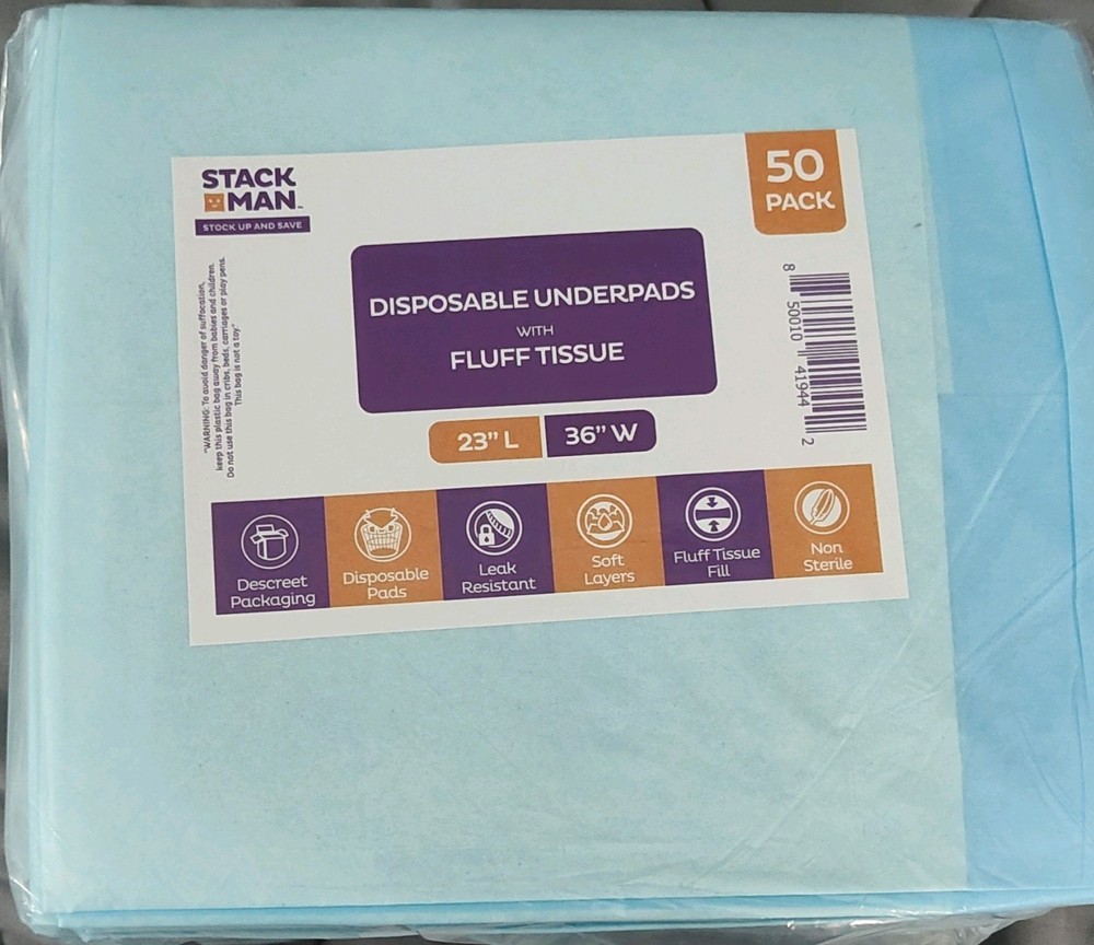 Stack Man Disposable Underpads Fluff Tissue 23″x36″ Blue Leak Resistant 50 Pack