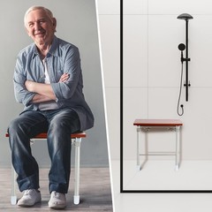 Geetery Folding Shower Seat Wall Mounted 18 Inch Wood Bench w/ Legs 400 lbs