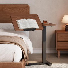 Solid Wood Overbed Bedside Table with Wheels, Tilting Adjustable Hospital Bed Ta