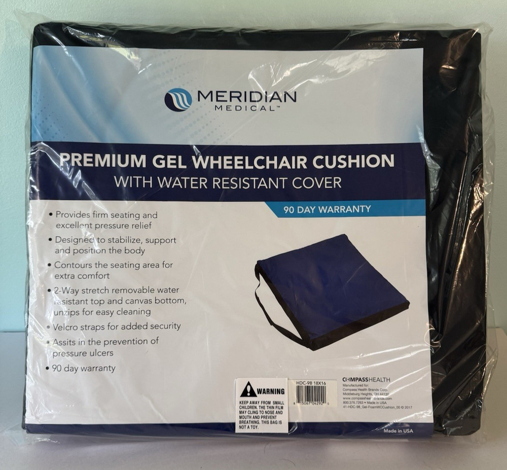 NEW Meridian Premium Gel Wheelchair Cushion 16″ x 18″ x 2″ Water Resistant Cover