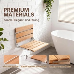 Jamini Folding Shower Seat 16in Beech Wood Wall Mount 330lb Heavy Duty