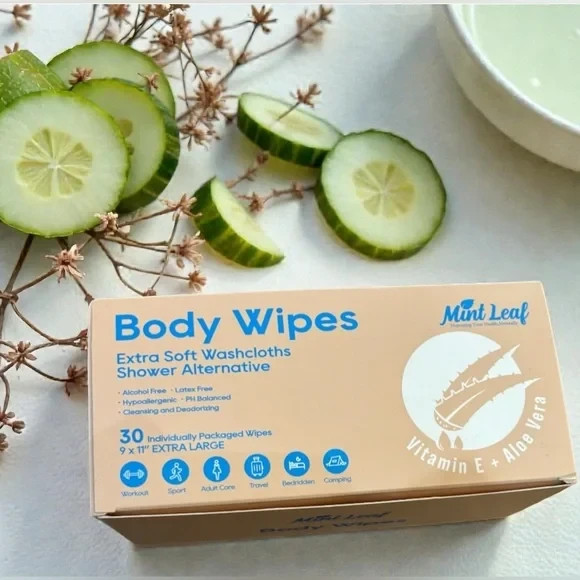 Mint Leaf Body Cleansing Wipes for Adults w/ Vitamin E & Aloe Vera 30 Count NIB
