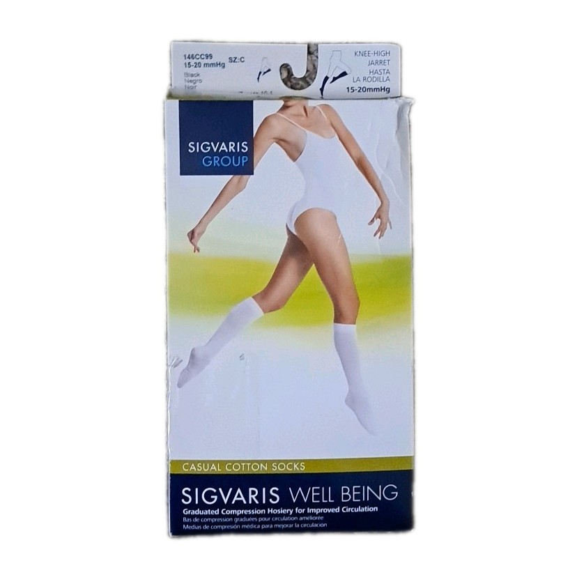 Sigvaris Casual Cotton BLACK Socks Knee High 15-20mmHG Size C, Shoe Size 10-12