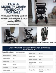 Pride Jazzy Carbon Folding Power Wheelchair, 300 lb limit/ weighs 45lbs