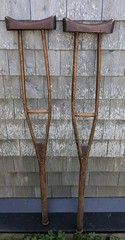 Vintage Handmade Wood Non-Adjustable Crutches Mottled Dark Patina About 48″ Tall