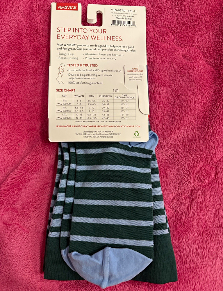 VIM & VIGR Knee High Compression Socks 15-20 mmHg Green/Blue Striped