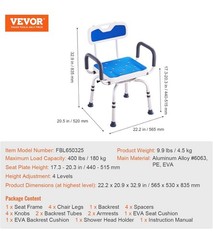 VEVOR 400lb Shower Chair 360° Swivel Adjustable lTub Seat w/Armrests&Backrest