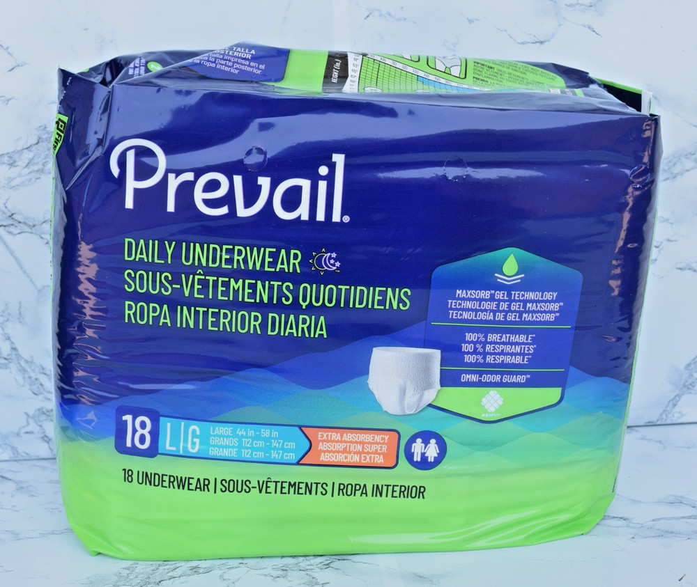 Prevail Daily Disposable Underwear Unisex Size L/G, 90 ct (5 Packs of 18), New