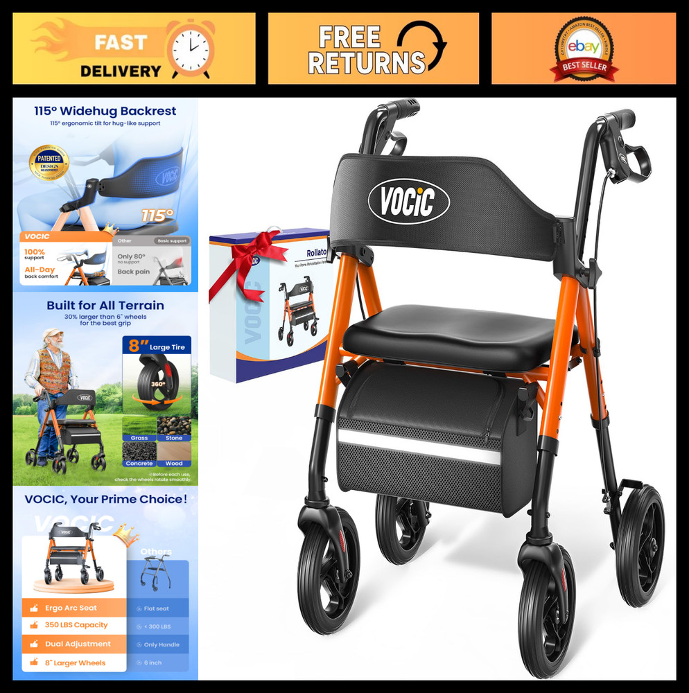 Ergonomic Rollator Walker for Seniors, 350lb Capacity, 8″ All-Terrain Wheels, Fo