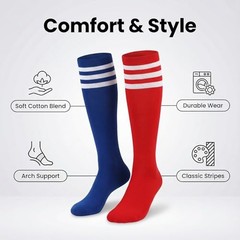 Christmas Classic Athletic Knee High Socks, 2 Pairs Triple Stripes Blue and Red