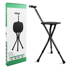 Hold 440 lbs Cane with Seat Combo Aluminum Alloy Portable LED Folding LED Black