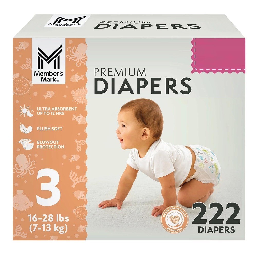 Member’s Mark Premium Baby Diapers, Size 3 (16-28 Pounds), 222 Count