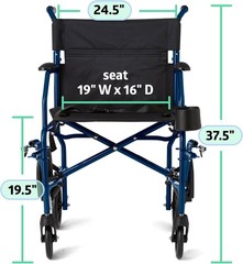 Medline Ultra Lightweight Foldable Transport Wheelchair 19in Seat Adults Blue.