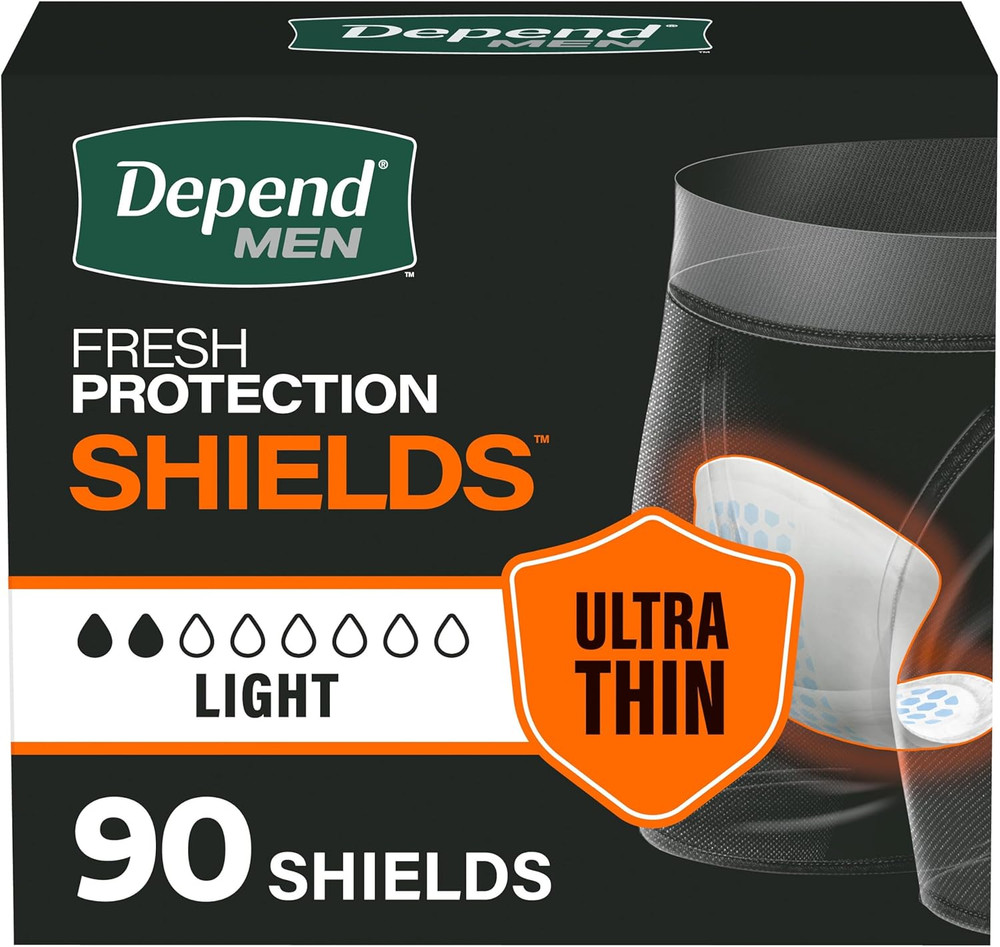 Depend Shields Incontinence Pads for Men, Light Absorbency, 90 Count, Packaging