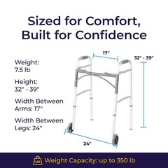 Lightweight Folding Walker with Wheels – Adjustable Height, Dual Push-Button, 5″