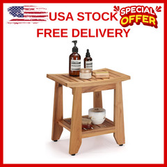 Compact Teak Shower Bench with Storage Shelf – Waterproof & Non-Slip Seat