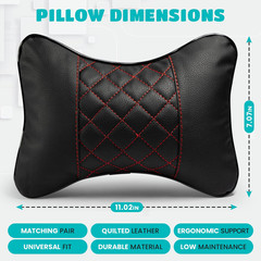 Set of 2 Quilted Faux Leather Car Headrest Pillow, Black Case/Black Threading, E