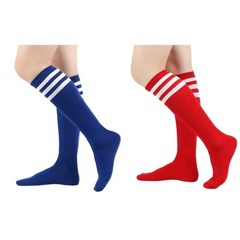Christmas Classic Athletic Knee High Socks, 2 Pairs Triple Stripes Blue and Red
